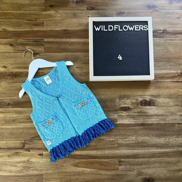 NEW Wildflowers Pocketful of Wonder Globe Trotter Blue Fringe Knit Vest Girls 4 - Picture 1 of 6